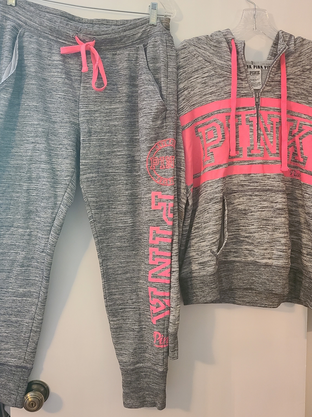 VS PINK 2015 Fashion Show Matching Set Marled Gray Neon Pullover Joggers L Rare